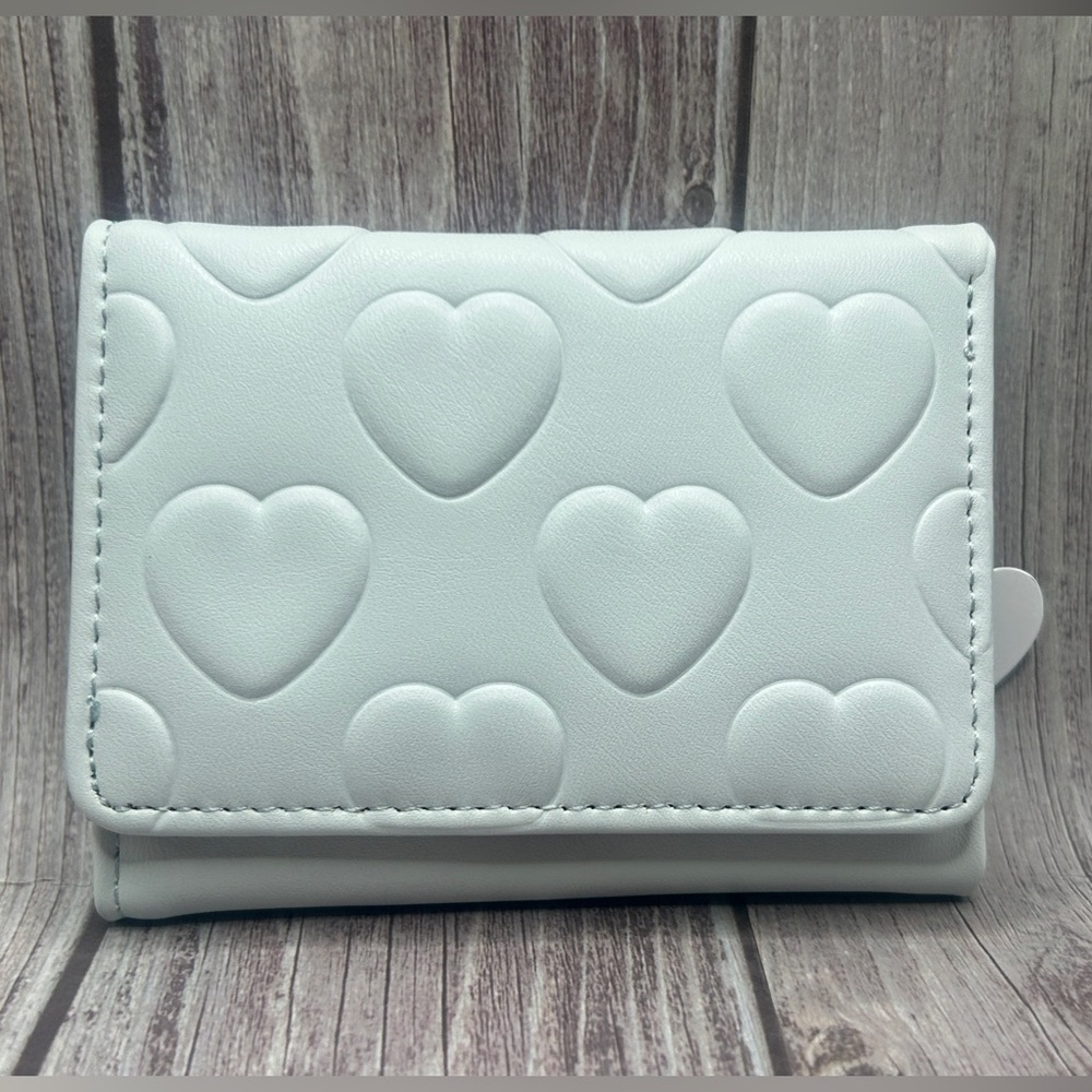 NWT Quilted Heart Light Blue Card Holder Compact Wallet w/ Charm Vegan Leather